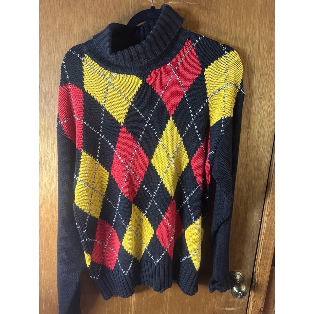 Lizsport Vintage Argyle Turtleneck Sweater Navy Blue Red Yellow Ramie Cotton M